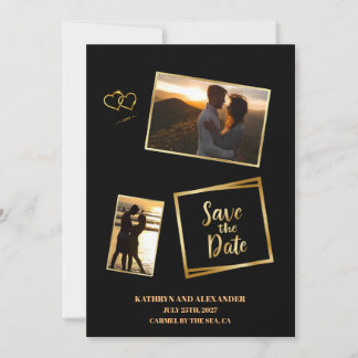 Moderne foto save the date zwart en goud luxe