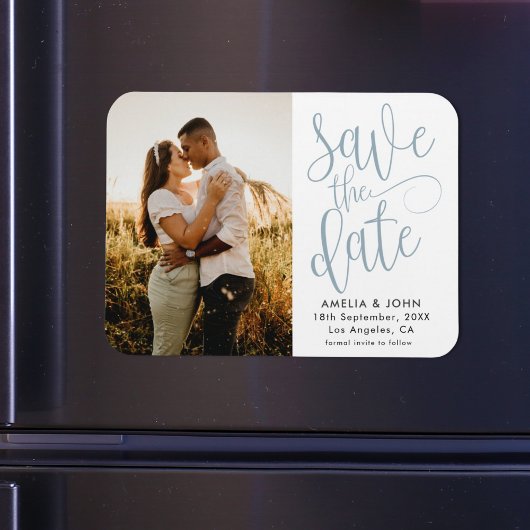 Moderne foto Stusty Blue Save the Date Wedding Magneet