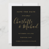 Moderne foto van elegant Black en Gold Script Save The Date (Voorkant)