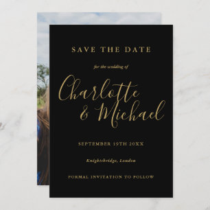 Moderne foto van elegant Black en Gold Script Save The Date