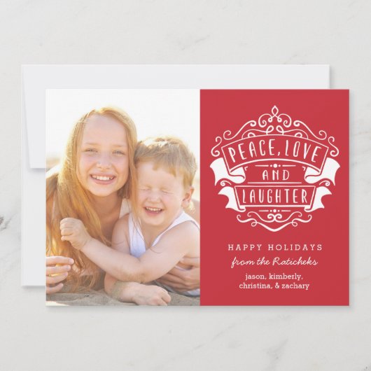 Moderne foto van vrede, liefde en lach | Rood Feestdagenkaart (Voorkant)