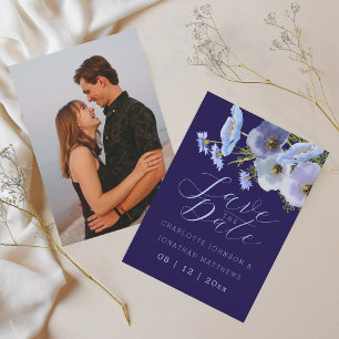 Moderne Foto Wilde Bloemen Bloemstuk Marineblauw T Save The Date