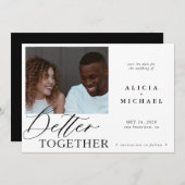 Moderne foto witte, eenvoudige script zwarte bruil save the date (Voorkant / Achterkant)