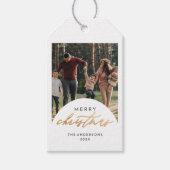 Moderne Fotoboog Vrolijk Kerst Goud Script Cadeaulabel (Voorkant)