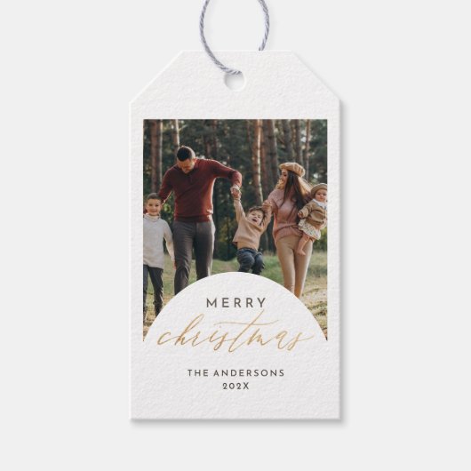 Moderne Fotoboog Vrolijk Kerst Goud Script Cadeaulabel (Voorkant)