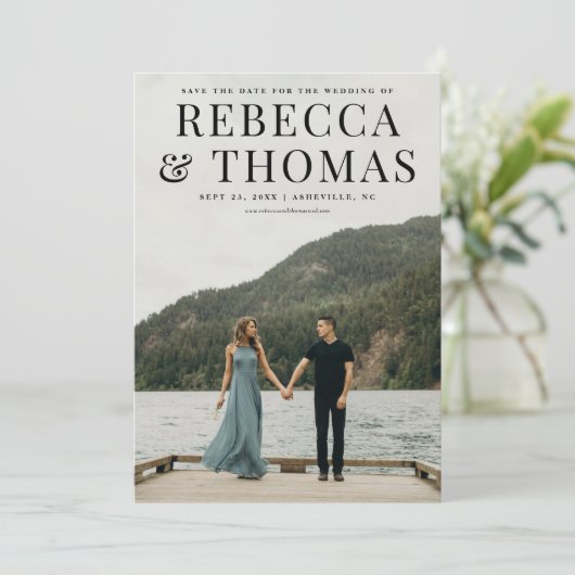 Moderne fotobruiloft met foto's op de datum save the date (Staand voorkant)