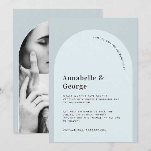 Moderne fotobruiloft met grafische typografie save the date (Voorkant / Achterkant)