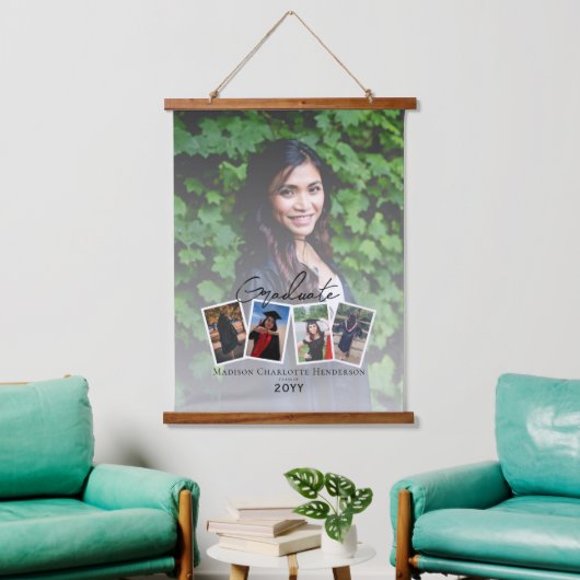 Moderne Fotocollage Afstuderen Keepsake | Wit Hangend Wandkleed (Woonkamer)