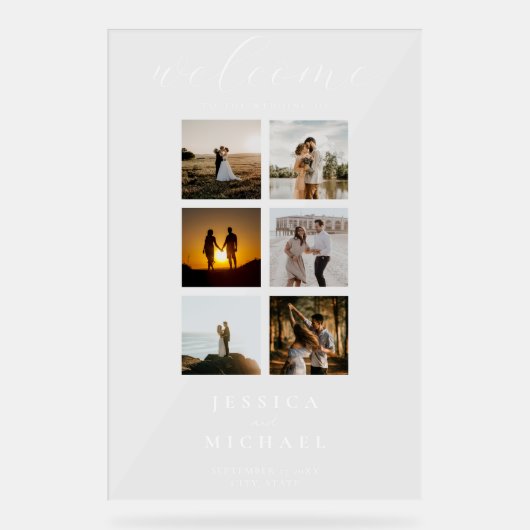 Moderne Fotocollage Elegant Bruiloft Welkom Acryl Bord (Voorkant)