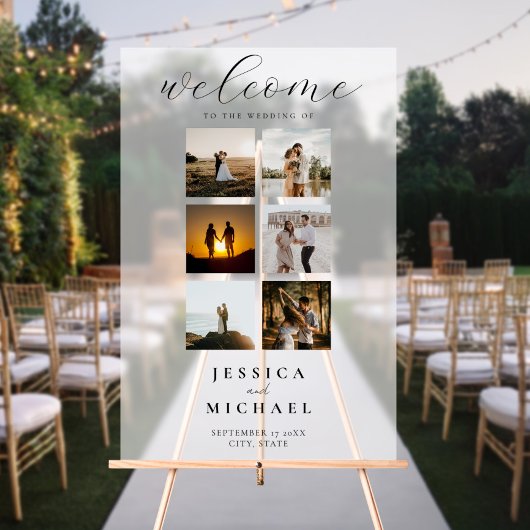 Moderne Fotocollage Elegant Bruiloft Welkom Acryl Bord