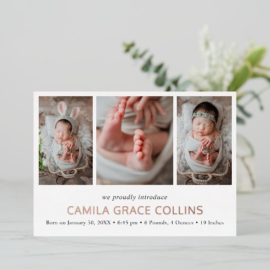Moderne fotocollage Elegante geboorte aankondiging (Staand Voorkant)