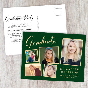 Moderne Fotocollage Groen Goud Afstudeerfeest Uitnodiging Briefkaart