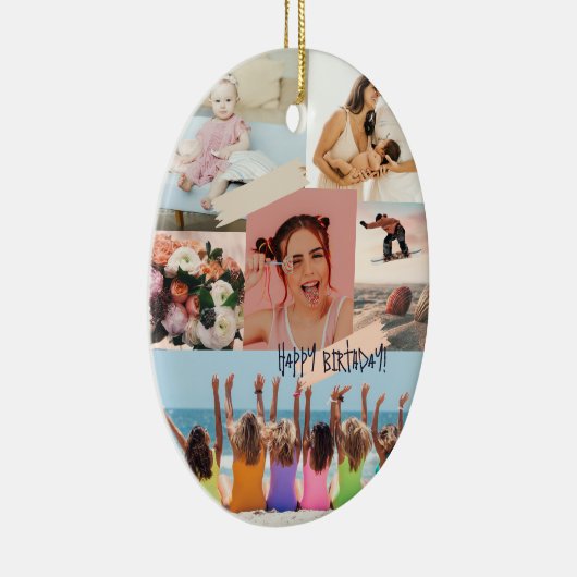 Moderne fotocollage Happy birthday Schattige Keramisch Ornament (Rechts)
