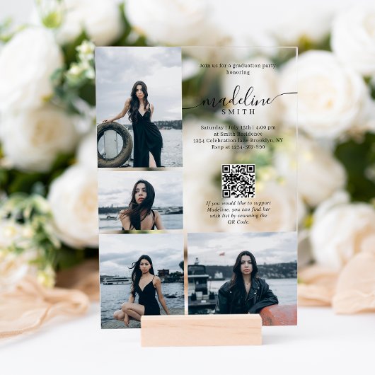 Moderne Fotocollage QR-code Afstudeerfeest Acryl Uitnodigingen
