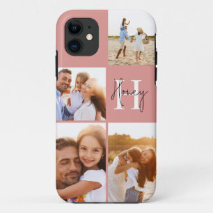 Moderne fotocollage roze initiaal monogram iPhone 11 hoesje
