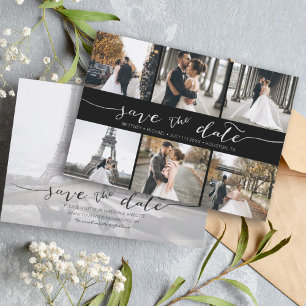 Moderne fotocollage slaat de datum zwart op save the date