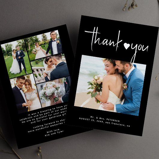 Moderne fotocollage zwart bruiloft bedankkaart