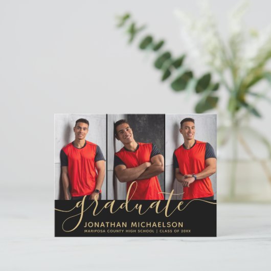 Moderne fotocollage zwart goud Afstuderen Aankondigingskaart (Staand voorkant)