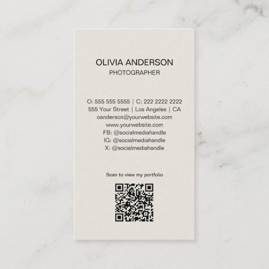 Moderne Fotograaf QR eenvoudige neutrale toon Visitekaartje (Achterkant)
