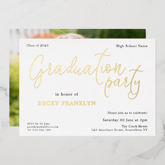 Moderne fotoscriptklasse van 2024 Afstuderen Real Folie Uitnodiging (Voorkant / Achterkant)