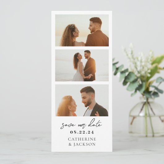 Moderne Fotostrip QR Code Huwelijk Save the Date (Staand voorkant)