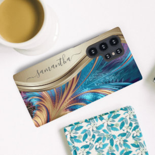 Moderne Fractal Blau Gouden Handgeschreven Naam On Samsung Galaxy Hoesje