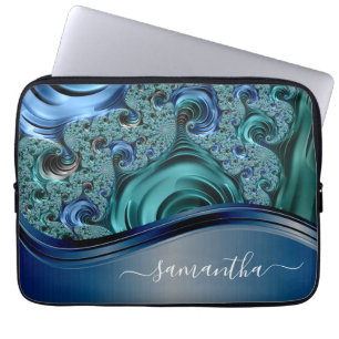 Moderne Fractal Blauwe Handgeschreven Naam Laptop Sleeve