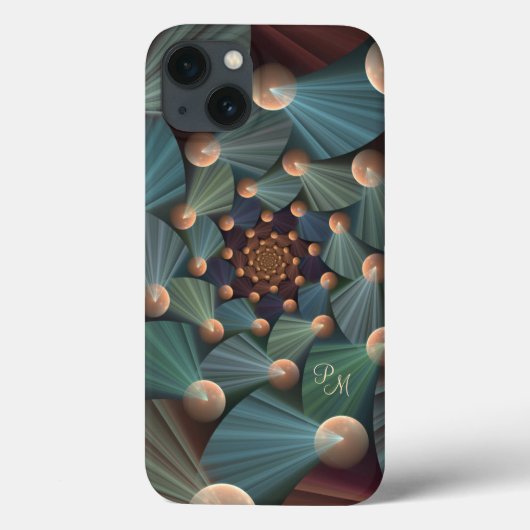 Moderne Fractal Bruine Kunst, Lei, Blauw Monogram Case-Mate iPhone Case (Achterkant)
