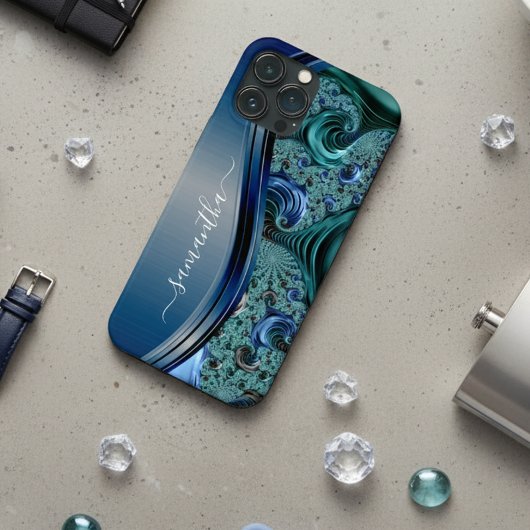 Moderne fractale blauwe handgeschreven naam Case-Mate iPhone case