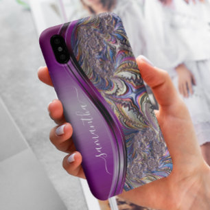 Moderne Fractale Paarse Handgeschreven Naam iPhone 12 Hoesje