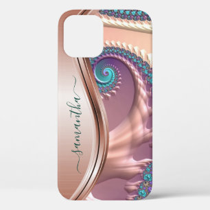 Moderne Fractale Roze Gouden Handgeschreven Naam iPhone 12 Hoesje