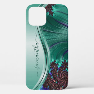 Moderne Fractale Turquoise Handgeschreven Naam iPhone 12 Hoesje