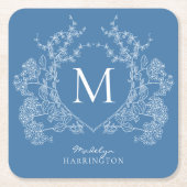 Moderne Franse Blauwe Bloemenkam Monogram Vierkante Kartonnen Onderzetter (Voorkant)