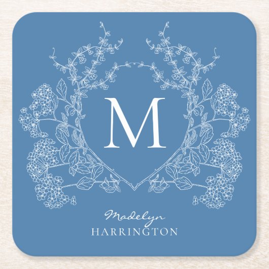 Moderne Franse Blauwe Bloemenkam Monogram Vierkante Kartonnen Onderzetter (Voorkant)