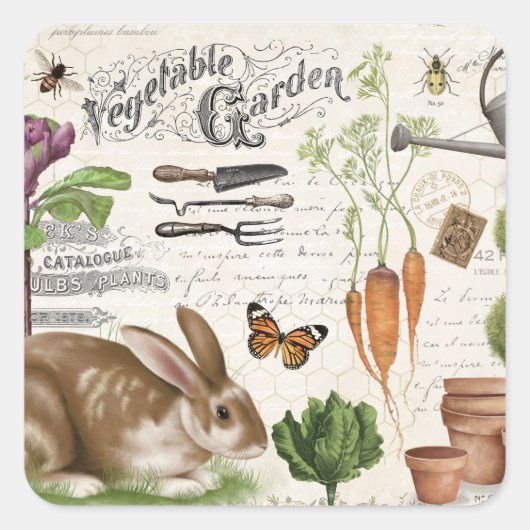 Moderne Franse boerderij Garden Rabbit Vierkante Sticker (Voorkant)
