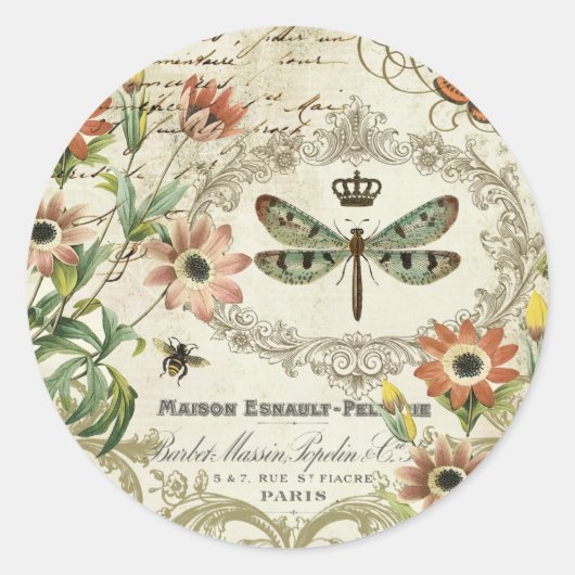 Moderne Franse dragonfly Ronde Sticker (Voorkant)