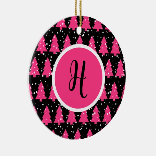Moderne Fuchsia & Black kerstboommonogram Ce. Keramisch Ornament (Rechts)