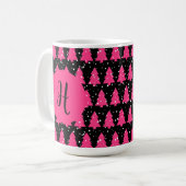 Moderne Fuchsia & Black kerstboommonogram Cof Koffiemok (Voorkant links)