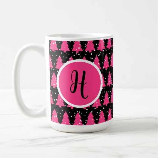 Moderne Fuchsia & Black kerstboommonogram Cof Koffiemok (Links)