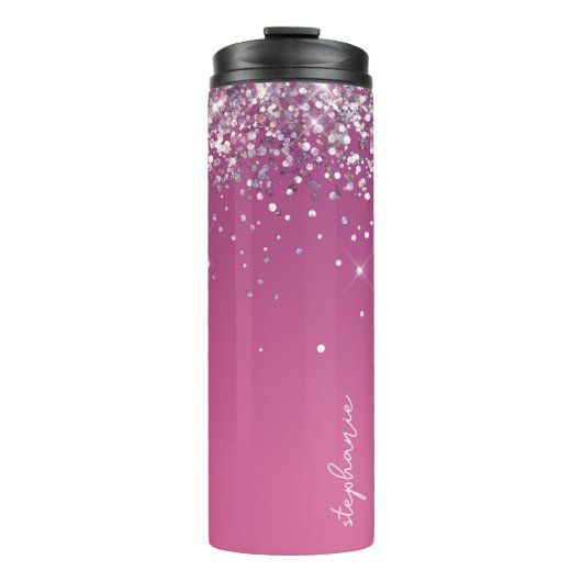 Moderne Fuchsia Roze Glitter Custom Thermosbeker (Voorkant)