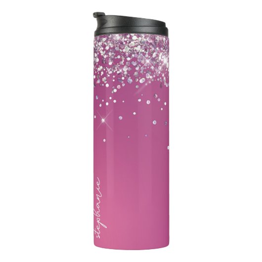Moderne Fuchsia Roze Glitter Custom Thermosbeker (Geroteerd rechts)