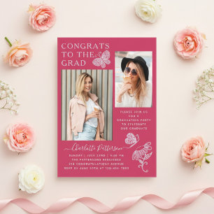 Moderne Fuchsia Vlinder Foto Afstudeerfeest Acryl Uitnodigingen