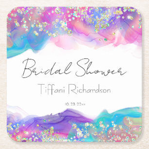 Moderne Fun Regenboog Alcohol Inkt Goud Glitter Vierkante Kartonnen Onderzetter