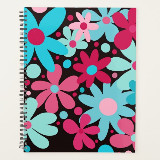 Moderne, funky, bleu, fleurs roses. (Devant)