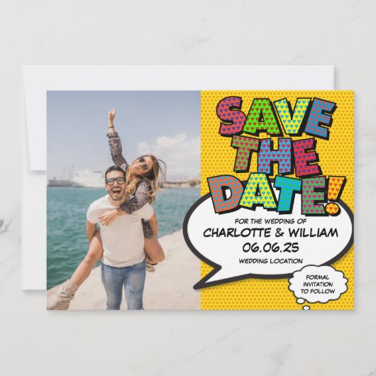 Moderne Funny Comic Book Foto Save The Date Kaart (Voorkant)