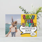 Moderne Funny Comic Book Foto Save The Date Kaart (Staand voorkant)
