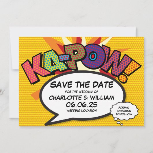 Moderne Funny Comic Book Kapow Huwelijk Save The D Date (Voorkant)