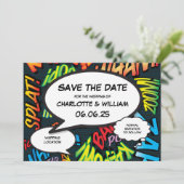 Moderne Funny Comic Book Trouwkaart Save The Date (Staand voorkant)