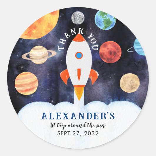 Moderne Galaxy Planets Space Rocket Bedankt Ronde Sticker (Voorkant)