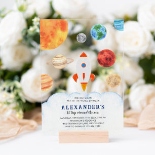 Moderne Galaxy Planets Space Rocket Kids Verjaarda Acryl Uitnodigingen